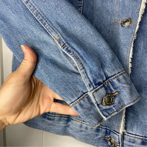 Top Shop Moto Custom Painted Sherpa Denim Jacket Size 0 - Picture 7 of 12